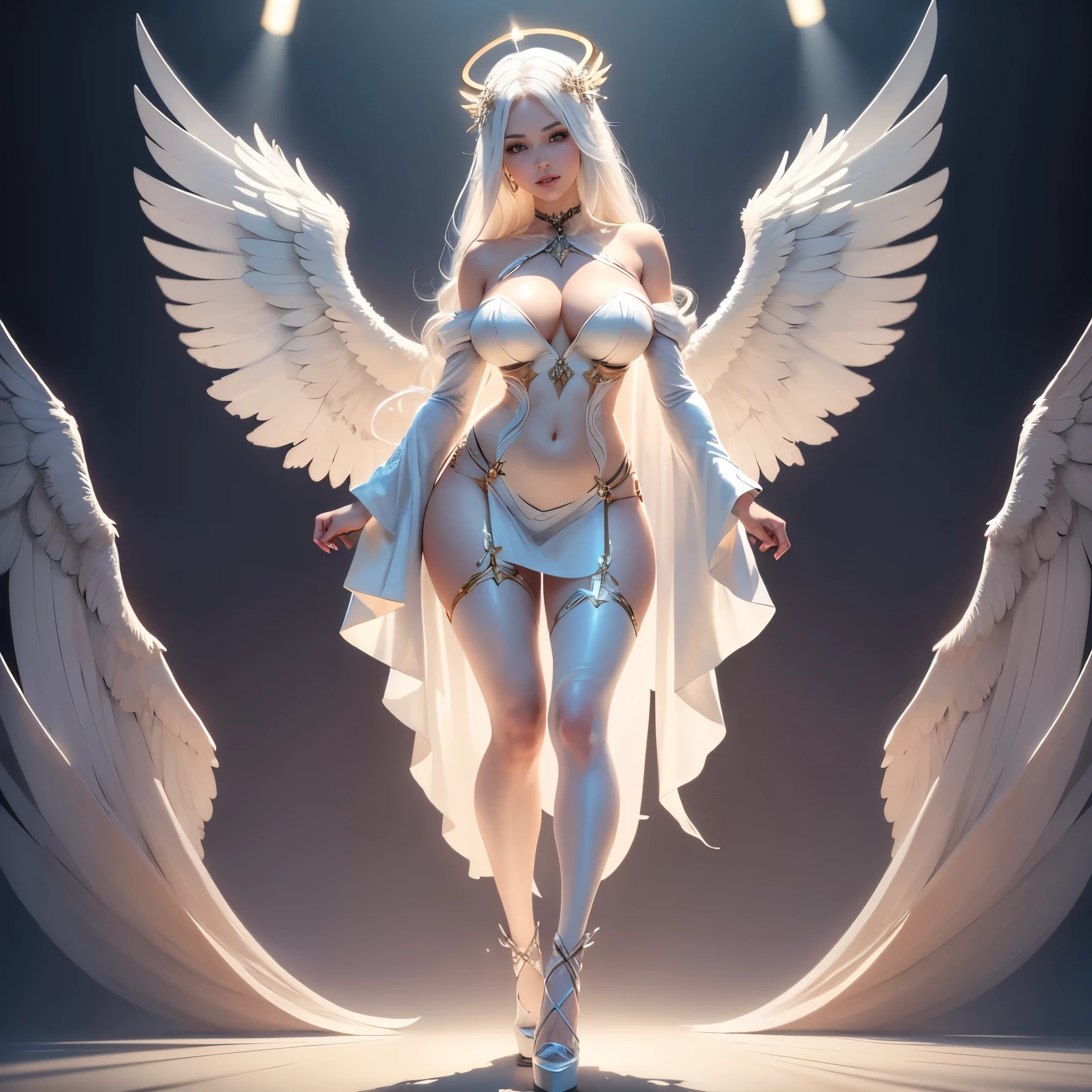 symmetry, portrait, full body shot, 8k, super detail, accurate, best quality, 16k, highres, best quality, award winning, super detail, anatomically correct, masterpiece, retina, UHD, Ombre, Smile, Cleavage, Pure, High heels, Laces, Glitter, No bra, Offshoulder, Highly detailed facial and skin textures, Detailed eyes, (photorealistic:1.4, clear:1.2, perfect body, beauty:1.4, slim abdomen:1.2, big breasts:1.2, fit:1.5, full-body shot:1.4, random hairstyles:1.2), choker, 1 angel girl, shining wings, shining halo, exquisite headdress, beautiful female angel, large wings, white hair, white wings, dress, on clouds, golden eyes, white background, attractive legs, sexy legs, tall legs, beautiful angel, attractive angel, ((full body female angel)), clouds, ((full body photoshoot, full body, far view, full body in view, heels in view, shining halo over head, extremely bright halo, halo)), slim figure
