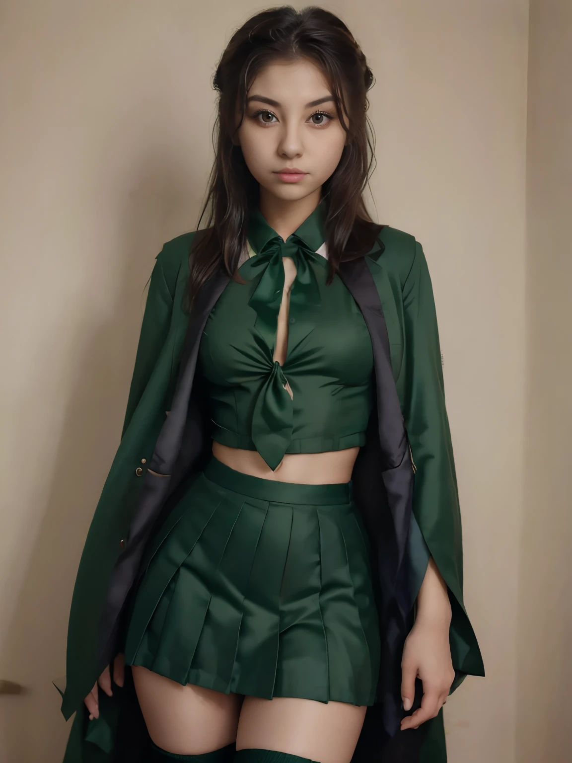 masterpiece, best quality, 1girl, solo, nahida_genshin, cross-shaped pupils, , green tie, blazer, pleated skirt, green cape, standing