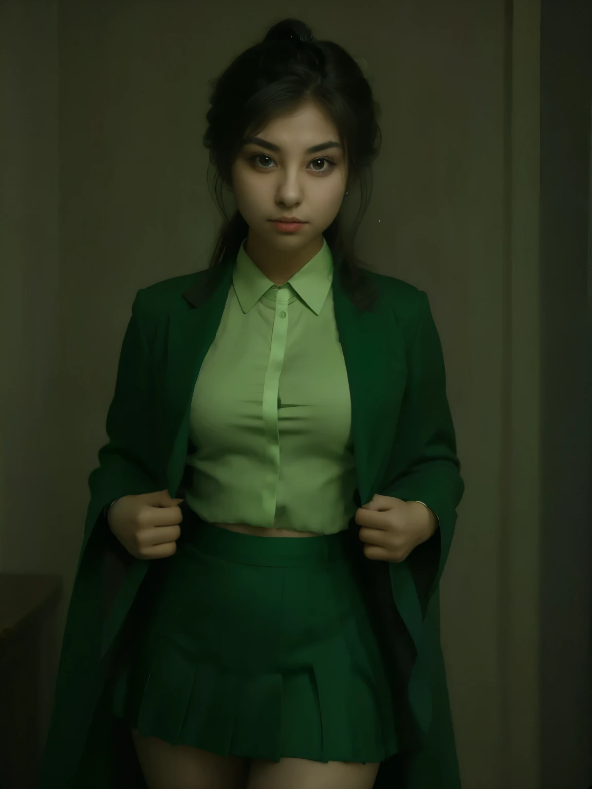 masterpiece, best quality, 1girl, solo, nahida_genshin, cross-shaped pupils, , green tie, blazer, pleated skirt, green cape, standing