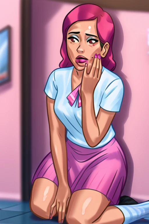 ((melhor qualidade)), ((obra de arte)), (detalhado), rosto perfeito, full-length man wearing a pink skirt and also wearing thigh-high pink and black striped socks, kneeling on the floor, olhos revirados, hands away from mouth and mouth open, face covered in cum while sucking dick through a glory hole in a bathroom