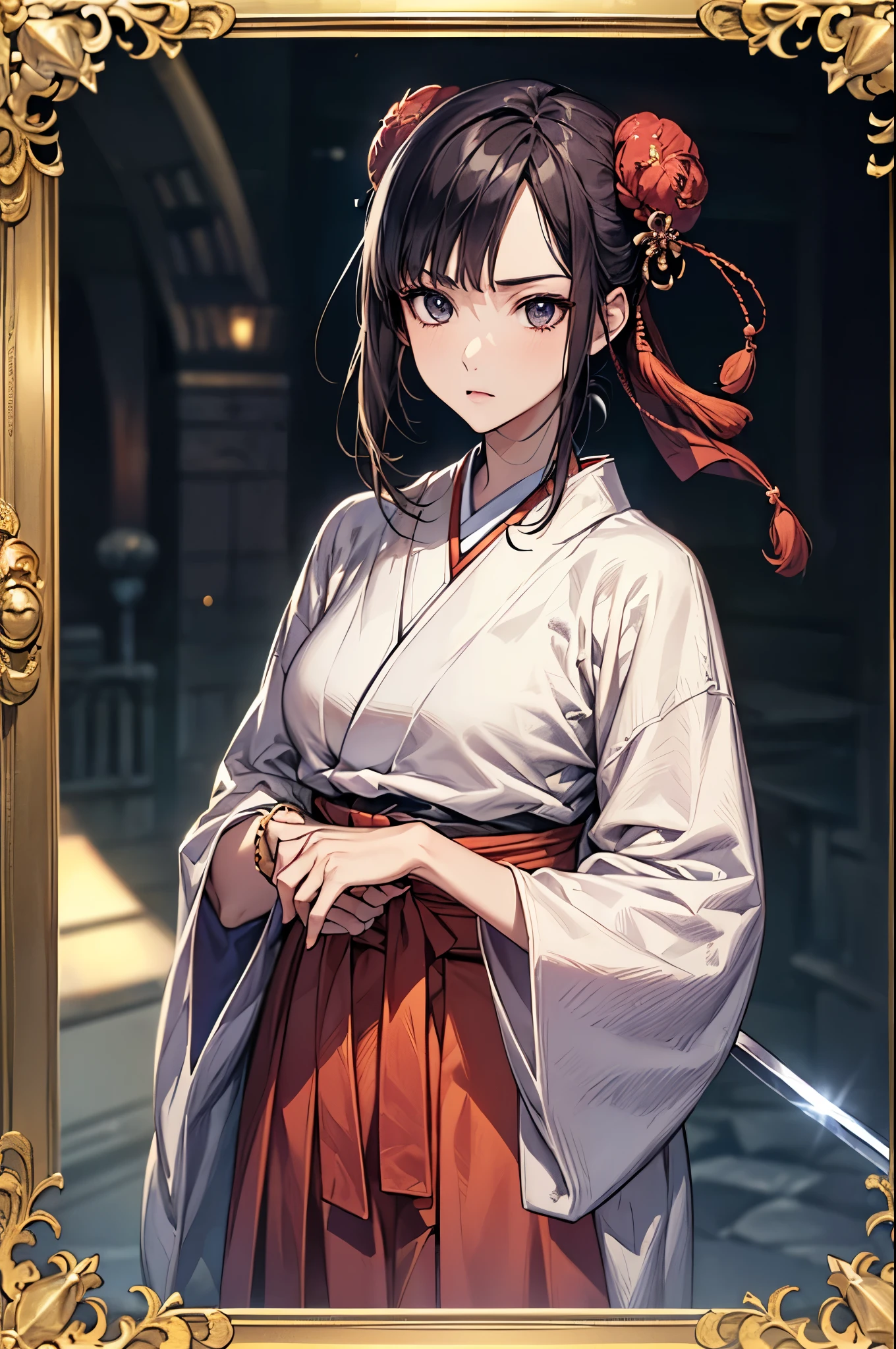 ((Biologically correct limb count))、(( whole body including face))、4K、Masterpiece、((Focus on the face))、((Symmetrical, well-proportioned facial features))、Eyes with delicate depictions、(((1 person)))、Beautiful woman、Outstanding style、Slender Body、(High heels with anklets)、(((Haori、Hakama)))、(((White frame photo)))、((Looking up))、(((Iaido stance)))、High angle、Serious expression、Upper body close-up、((Holding a Japanese sword in his right hand))