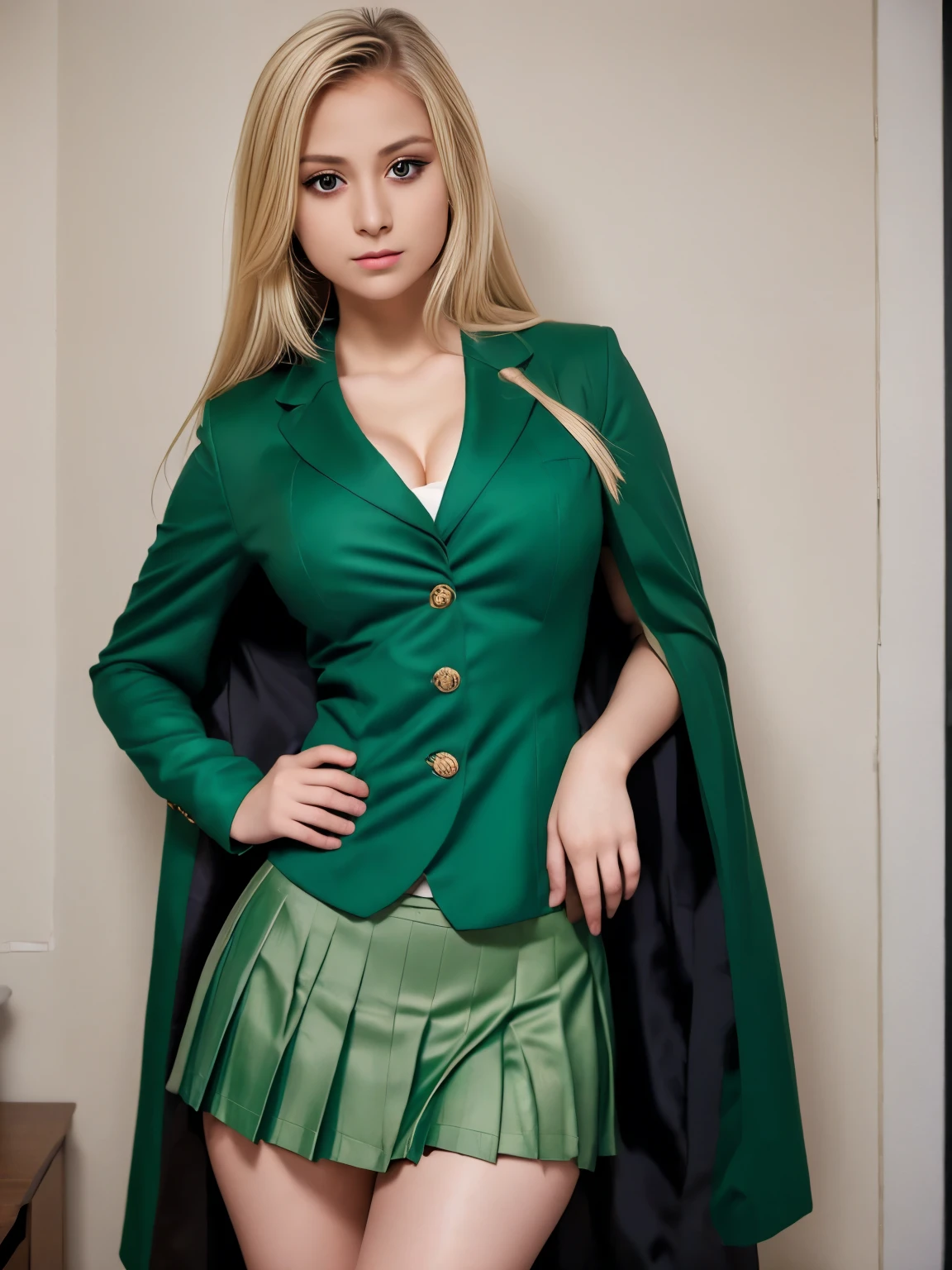 masterpiece, best quality, 1girl, solo, nahida_genshin, cross-shaped pupils, , green tie, blazer, pleated skirt, green cape, standing  