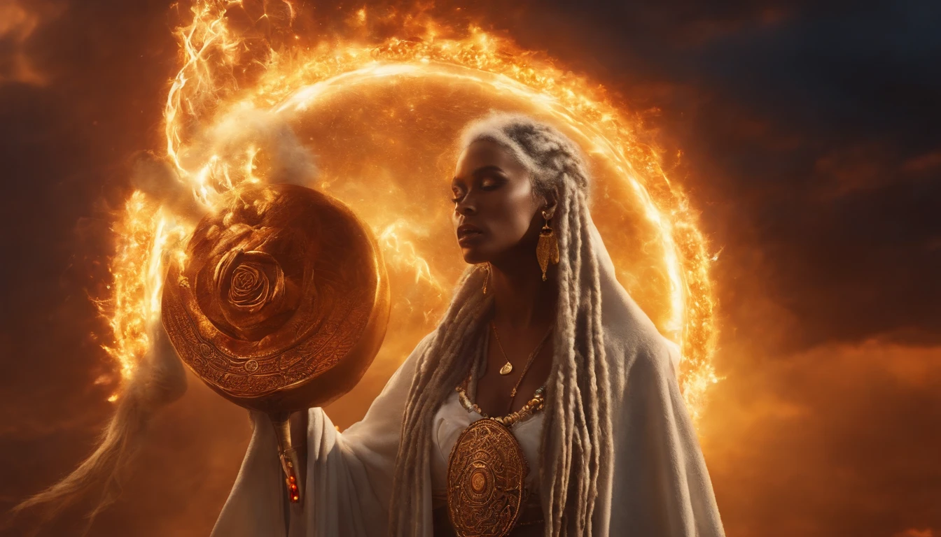 A golden brown skinned female Grim Reaper with white dreadlocks with glowing gold Viking beads, wearing a Rose and Gold houndstooth embroidered robe holding, standing on the sun hurling and thr a huge fireball through earth's magnetic field
