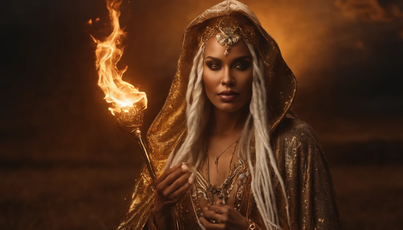 A golden brown skinned female Grim Reaper with white dreadlocks with glowing gold Viking beads, wearing a Rose and Gold houndstooth embroidered robe holding, standing on the sun hurling and thr a huge fireball through earth's magnetic field