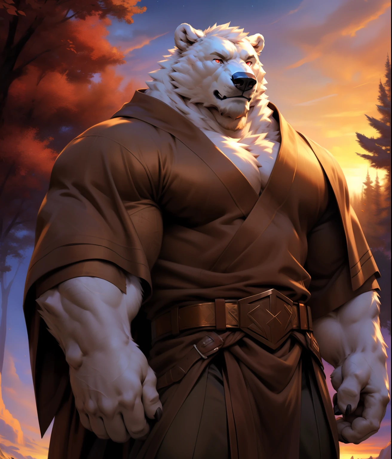 Sunset. Polar Bear, In partial shadows, Brown cape. brown robe, 4K, high resolution, best quality, Perfect color, Perfect shadow, Perfect lighting, release date：E621, Hairy body, , White fur, skin, Solitary, male, aldult, male, (Strong, muscular male:1.2), Correct anatomy, (Realistic hair, Detailed fur, epic, masterpiece:1.2), (Dark fantasy world background, Trees, Black sky, Sunset, Stars visible in the sky), (through fiddler tarant, From chunie, By Traver009, From wfa:1.1), (Brown cloth pants, Bronze buckle belt.:1.2), (Delicate eyes, Red Eyes:1.2), (Half Body:1.1), Serious face, Strong posture, proudly, Soft shadows, Looking at the audience, Messy fur, rough, robe, Slightly slit tunic.