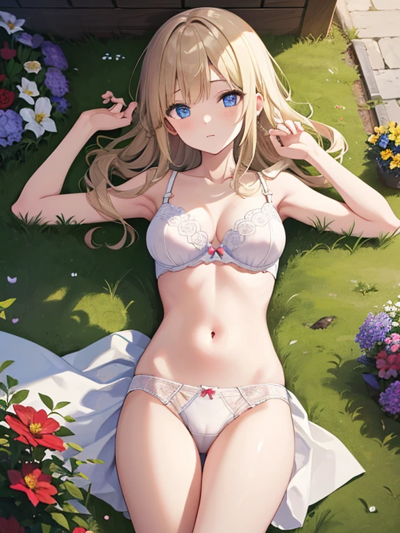masterpiece, highest quality, Very detailed, 16k, Ultra-high resolution、1 girl aged 13, Detailed face、Perfect Fingers, blue eyes, Blonde, Braid, White panties, White bra, garden, flower bed, grass, Lying on your back, lie down