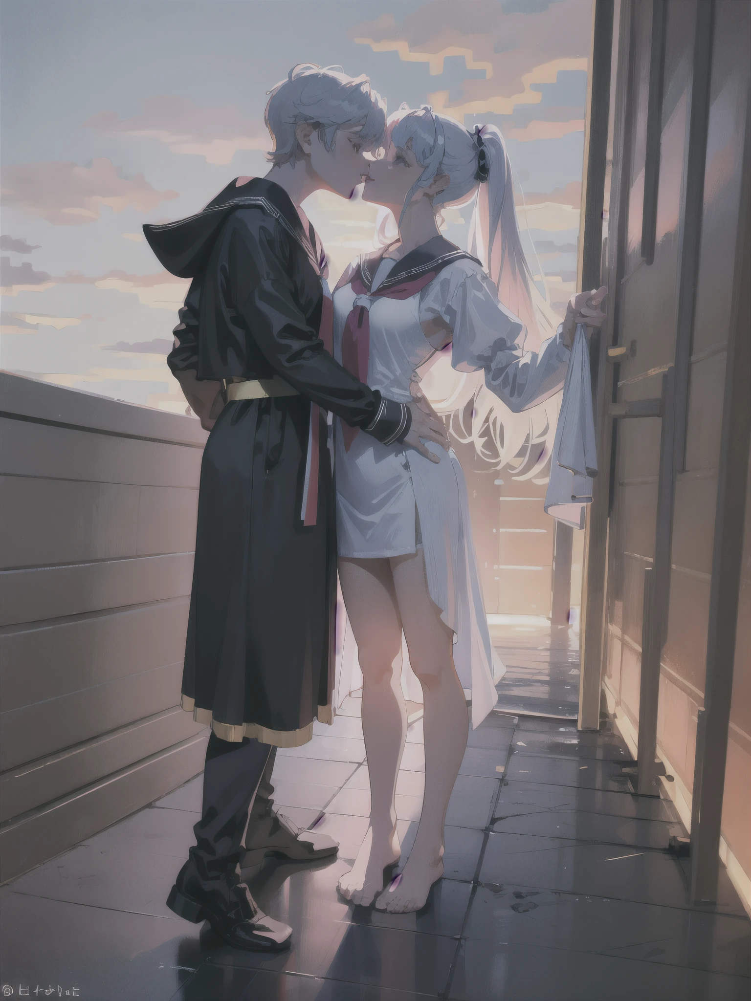 Masterpiece: 1.3), Best Quality, 2 girls, 18 and , white and pink hair color, delicate, rooftop, spirit, sunset, kissing, sailor suit and JK costume,