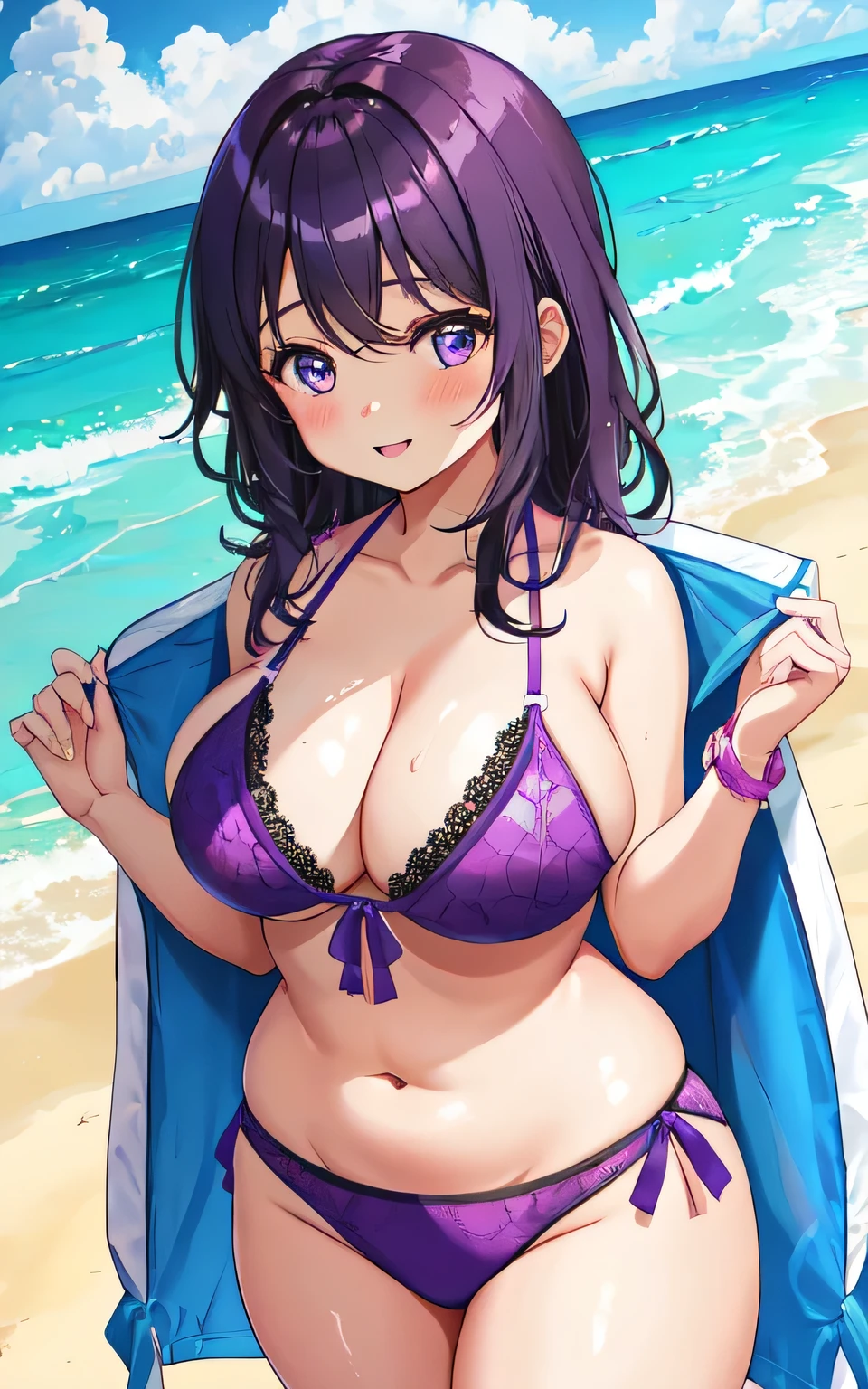 A with big breasts, a plump body, round, in a purple lace bikini swimsuit, on the beach,