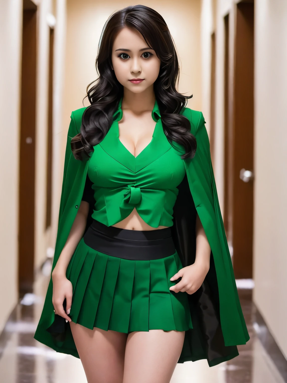 masterpiece, best quality, 1girl, solo, nahida_genshin, cross-shaped pupils, , green tie, blazer, pleated skirt, green cape, standing  