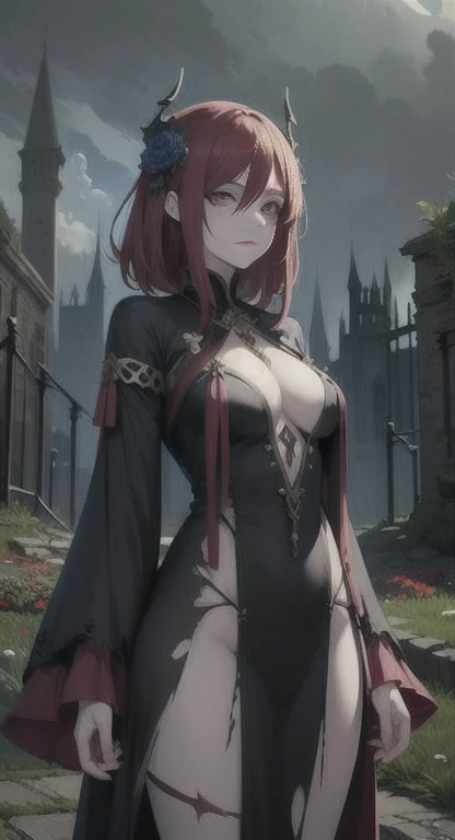 masterpiece, best quality, solo, mythical empress, flower hair, red eyes, red hair, torn clothes, undead, pale, scarred skin, female creature, castle ruins,