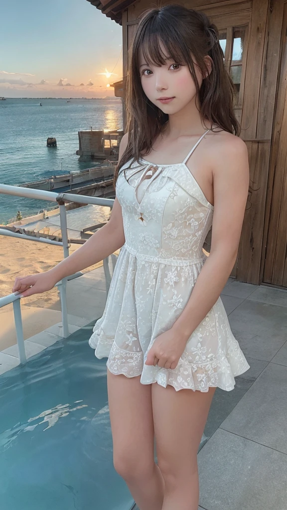 (masterpiece:1.2), (highest quality:1.3), shallow_sunset, One girl, Are standing, cowboy_shot, straw_Have, Swimwear, dress, Shorts, flower, Starfish, 
