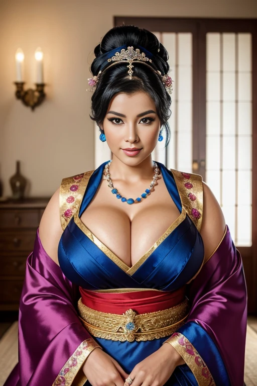GEISHA , , BBW, photo vintage, visage feminin parfait, BLUEHAIR , tache de rousseur, 1788, big huge breasts : 58H,FRONT VIEW, Rembrandt LIGHT , EXTREME LONG V-NECK, BIG CLEAVAGE, BEAUTIFUL EYES, BEAUTIFUL HANDS, LIGHT SMILES, PERFECT FACE, tres long décolleté, CASTLE BACKGROUND, , NECKLACE, RING, JEWELERY RICH, SFW, FULL BODY, COLORFUL, SEXY ROYAL LINGERIE, ROYAL BEDROOM