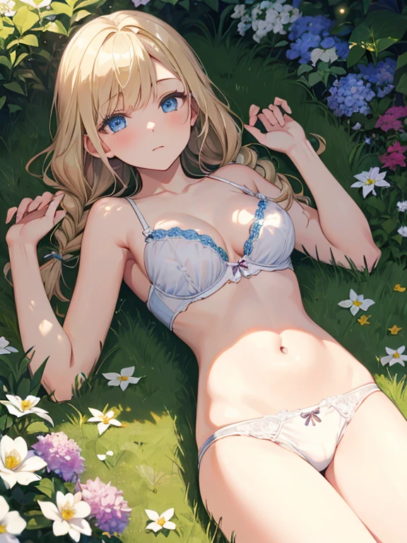 masterpiece, highest quality, Very detailed, 16k, Ultra-high resolution、1 girl , Detailed face、Perfect Fingers, blue eyes, Blonde, Braid, White panties bra, garden, flower bed, grass, Lying on your back, lie down
