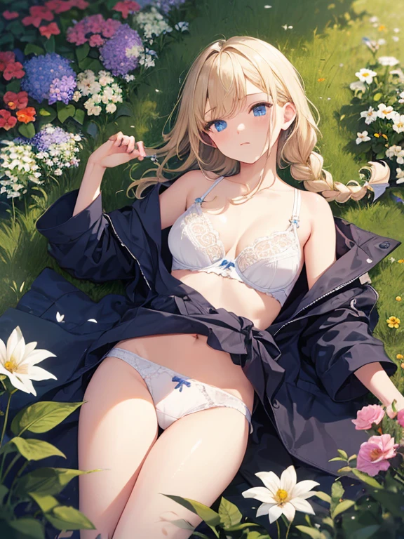 masterpiece, highest quality, Very detailed, 16k, Ultra-high resolution、1 girl aged 13, Detailed face、Perfect Fingers, blue eyes, Blonde, Braid, White panties, White bra, garden, flower bed, grass, Lying on your back, lie down