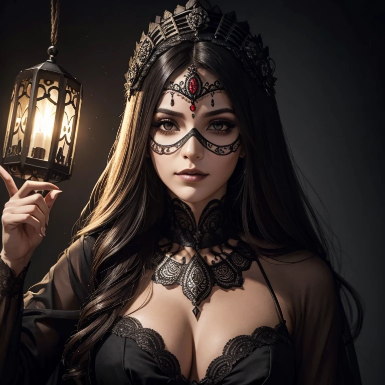 Mulher com uma capa longa, cabelos compridos, flutuando, mascarada, perna decepada mostrando a carne, macabra, dark