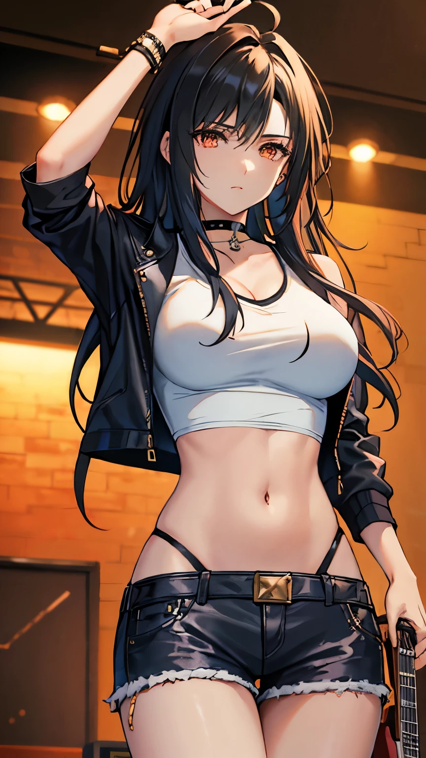 1girl, nanami, medium breasts, long hair, mall, shopping center,indoors, blush, lipstick, jewelry, earrings, Hot girl, baddie, mean girl, sensual, attractive, masterpiece, best quality, highly detailed, a girls with a gun, evil smile , open mouth, sexy gaze, badass pose , evil smile, smile, (nsfw) not safe for work, guns blazing, anime girl with long hair, beautiful long haired girl, navel, evil expression, exposed belly, exposed navel, exposed midriff, exposed lower belly, long black pants, crop top, cleavage, unbuttoned leather pants ,open fly, low rise black leather pants, leather jacket, holding a gun, holding pistol,