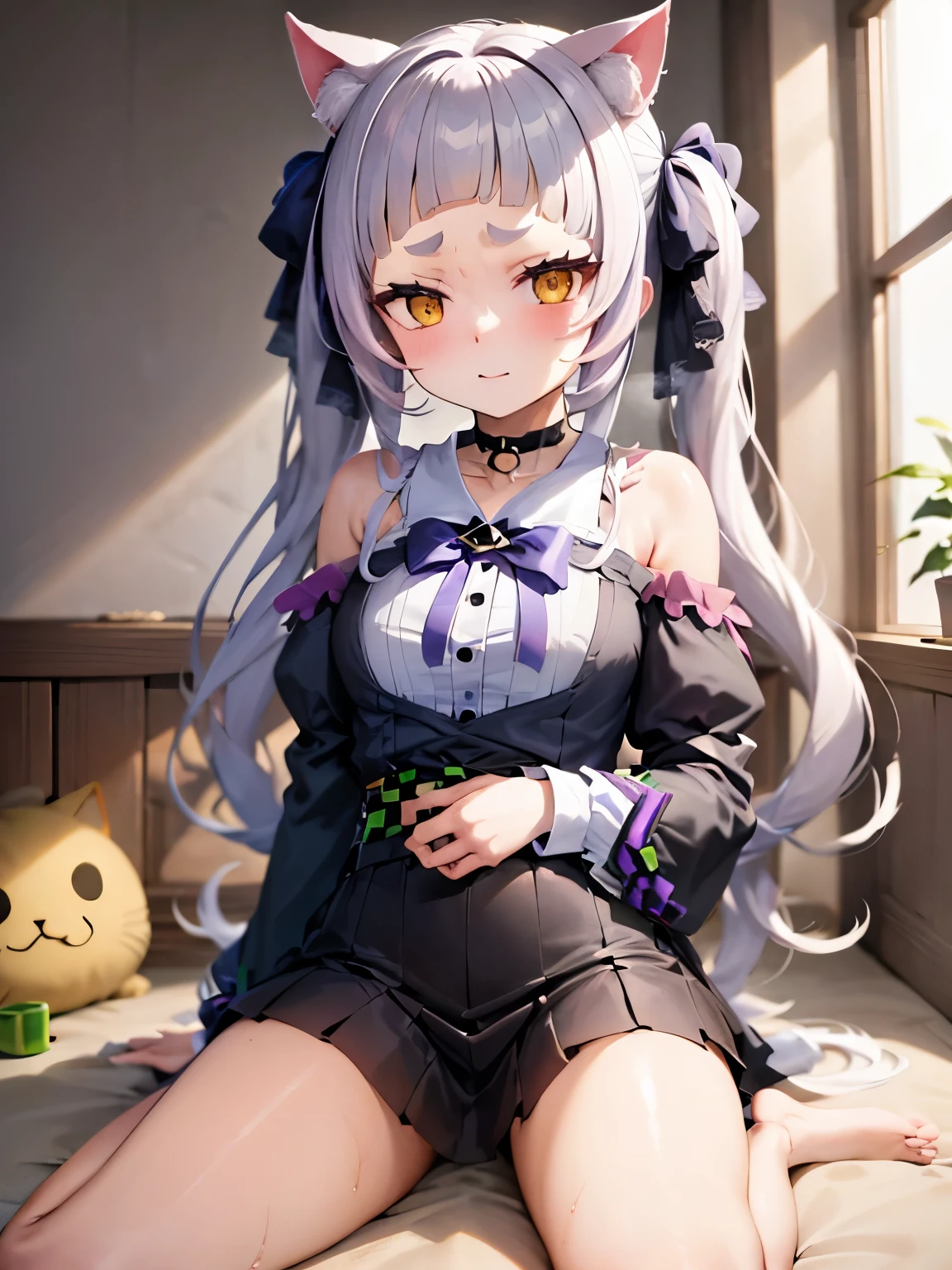 NSFW,Hololive,Shion Murasaki、1 female、Long Hair、Twin tails、Hair Ribbon、Short eyebrows、Animal Ears、Cat's Tail、Earrings、frilled choker、Halter neck、Black Ribbon、Star brooch、Shoulder Bare、Black dress、Frill dress、Gothic、Removal sleeve、Wide sleeves、Purple Pantyhose,Embarrassed,blush,(Perfect hands),(Perfect Anatomy),(masterpiece),(highest quality),Skirt Lift