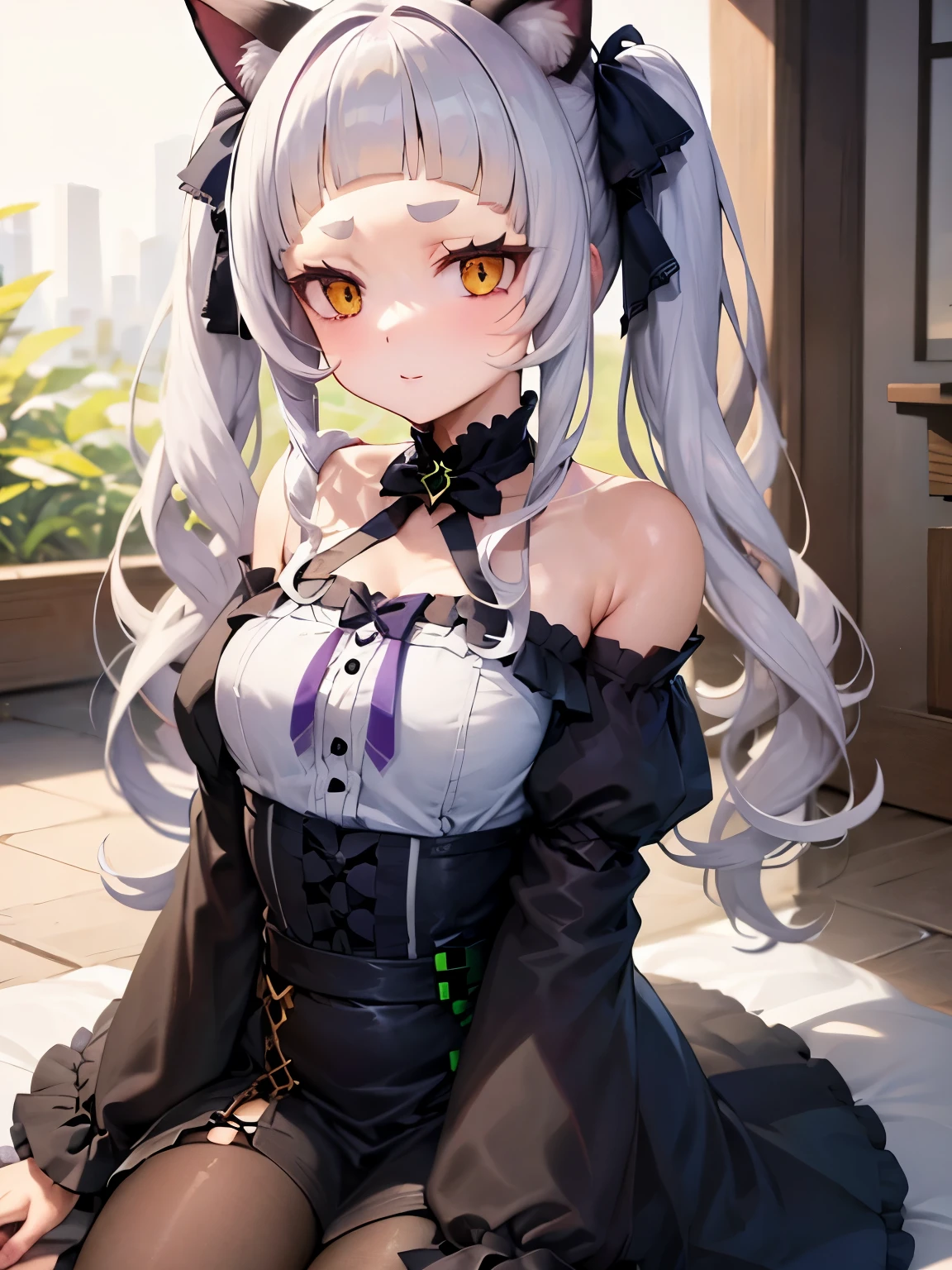 NSFW,Hololive,Shion Murasaki、1 female、Long Hair、Twin tails、Hair Ribbon、Short eyebrows、Animal Ears、Cat's Tail、Earrings、frilled choker、Halter neck、Black Ribbon、Star brooch、Shoulder Bare、Black dress、Frill dress、Gothic、Removal sleeve、Wide sleeves、Purple Pantyhose,Embarrassed,blush,(Perfect hands),(Perfect Anatomy),(masterpiece),(highest quality),Skirt Lift