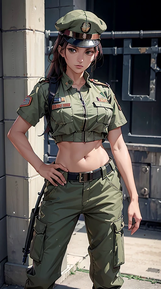 Women in crop top soldier uniform, soldier hat, medal on the chest, exposed abdomen area, very low waist cargo pants, navel, 45 years-old, high ranking , standing, color , hight quality, 4k, in cell, in prison, behind prison bar,
