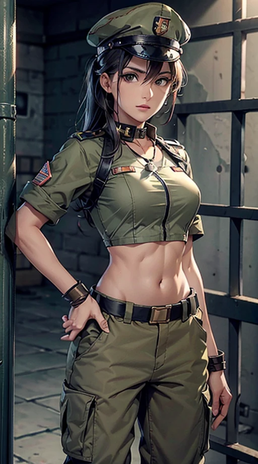 
Women in crop top soldier uniform, soldier hat, medal on the chest,  exposed abdomen area, very low waist cargo pants, navel, 45 years-old, high ranking , standing, color , hight quality, 4k, in cell, in prison, behind prison bar,