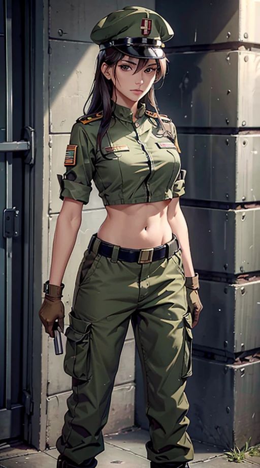 
Women in crop top soldier uniform, soldier hat, medal on the chest,  exposed abdomen area, very low waist cargo pants, navel, 45 years-old, high ranking , standing, color , hight quality, 4k, in cell, in prison, behind prison bar,