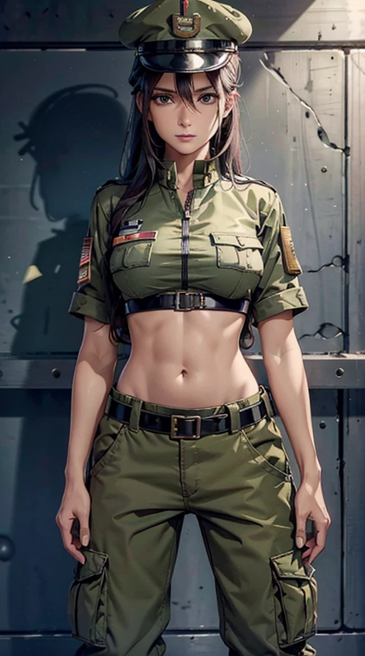 
Women in crop top soldier uniform, soldier hat, medal on the chest,  exposed abdomen area, very low waist cargo pants, navel, 45 years-old, high ranking , standing, color , hight quality, 4k, in cell, in prison, behind prison bar,