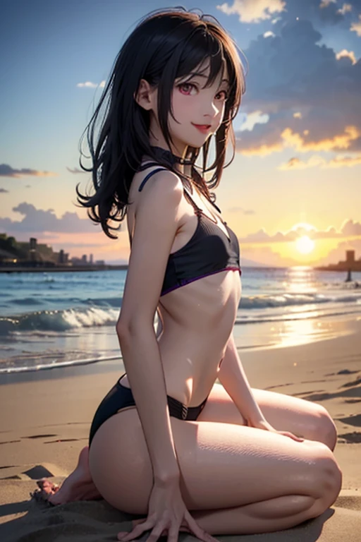 masterpiece, best quality, ultra detailed, highres, extremely detailed CG unity 8k wallpaper, perfect lighting, very detailed background, Outdoor、beautiful and aesthetic,sharp focus, perfect face, Perfect hands、Perfect Fingers、Perfect toes、Five fingers、
1lady、 smiling、
short black hair, large red eyes、delicate oval face、(flat chest:1.9)、Underlim figure、underboob、
Purple triangle bikini、Seaside、(Sandy Beach:1.3)、Sunset、Sunset、
thin thong、barefoot、Sitting、View your viewers、
Ambient light、Volumetric Light、shoot from side、(Glowing Skin:1.7)、