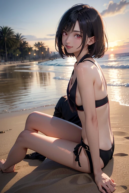 masterpiece, best quality, ultra detailed, highres, extremely detailed CG unity 8k wallpaper, perfect lighting, very detailed background, Outdoor、beautiful and aesthetic,sharp focus, perfect face, Perfect hands、Perfect Fingers、Perfect toes、Five fingers、
1lady、 smiling、
short black hair, large red eyes、delicate oval face、(flat chest:1.9)、Underlim figure、underboob、
Purple triangle bikini、Seaside、(Sandy Beach:1.3)、Sunset、Sunset、
thin thong、barefoot、Sitting、View your viewers、
Ambient light、Volumetric Light、shoot from side、(Glowing Skin:1.7)、