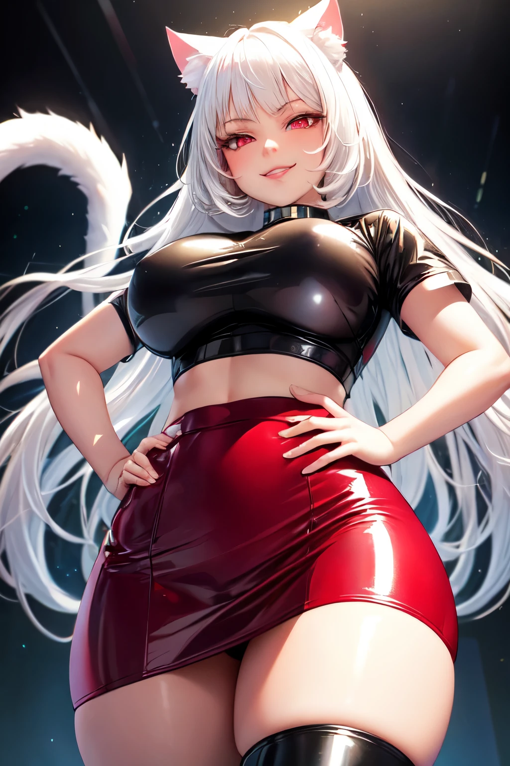 (best quality)), ((masterpiece)), (detailed), perfect face, white hair, white cat ears, white cat tail, DD cup breasts, thick thighs, crazy love eyes, glowing red eyes, smirking, latex short crop top, latex skirt, thigh high stockings, shiny lipgloss, other hand on hip, looking up skirt, view from below,