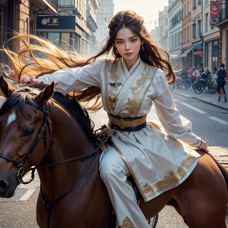 as a high-resolution image of an ancient bicycle in the bustling streets of Baker Street. The bicycle showcases intricate details and a vintage aesthetic, capturing the essence of the bygone era. The rider, with hair flowing in the wind, exudes a sense of freedom and joy as they confidently maneuver through the busy street.

The emphasis is on the highest quality, with the image crafted to be a masterpiece in itself. It boasts an 8K resolution, allowing for every intricate detail to be captured and displayed flawlessly. The image quality is unparalleled, offering a visually stunning experience for the viewer. The overall image radiates an award-winning aura, showcasing the skill and artistry involved in its creation.

The rider's anatomy is depicted with utmost accuracy, showcasing the human body's form and movement. Their expressive eyes invite the viewer's attention, smiling brightly to create a warm and engaging atmosphere. The shining fair skin of the rider is meticulously rendered in ultra-high resolution, highlighting every subtle texture and nuance.

The face is the centerpiece of the image, drawn with meticulous attention to detail. Every contour, feature, and expression is captured with utmost precision. The viewer can immerse themselves in the ultra-high resolution detailed face, marveling at the lifelike portrayal. The eyes, in particular, are a captivating focal point, shimmering with a stunning level of detail and realism.

To add depth and visual interest, the background is slightly blurred, placing the main focus on the rider and the bicycle. This creates a sense of motion and highlights the subject's presence within the bustling streets. The ancient Islamic clothes worn by the rider lend an exotic flair, enhancing the overall aesthetic of the image. A chest tattoo further adds to the rider's enigmatic charm, symbolizing their intriguing persona.

The color palette of the image is carefully selected to evoke a nostalgic and timeless atmosphere. 