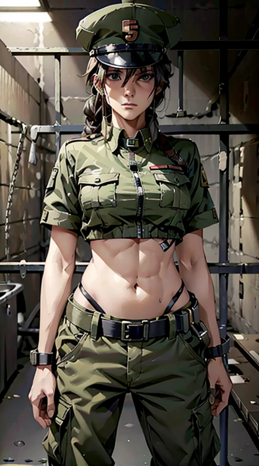 
Women in crop top soldier uniform, soldier hat, medal on the chest,  exposed abdomen area, very low waist cargo pants, navel, 45 years-old, high ranking , standing, color , hight quality, 4k, in cell, in prison, behind prison bar,