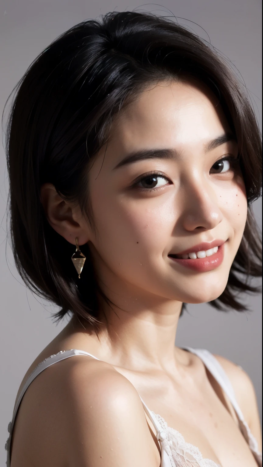 (highest quality, 8k, 32k, masterpiece, Ultra-high resolution:1.2),Beautiful Japanese Women Photos, alone, 1 girl, Glowing Skin, Glittering earrings, glamorous, Quirky details, charm, Expose your shoulders, Sheer silk lace crop top, Tight Skirt, Shallow depth of field, Contrasting, Professional Model, look forward to, Overbyte、mouth half open、blush:2.5、(Large Breasts)、Random hairstyles for short hair、Black Hair、Face close-up、Portraiture、Teeth are visible、Big Mouth、Slit eyes、Single eyelid、Round face、Multiple moles、Fair skin、A lively 24-year-old、Brown eyes、Big smile、(Chubby),Pulling hair up、I can see the side