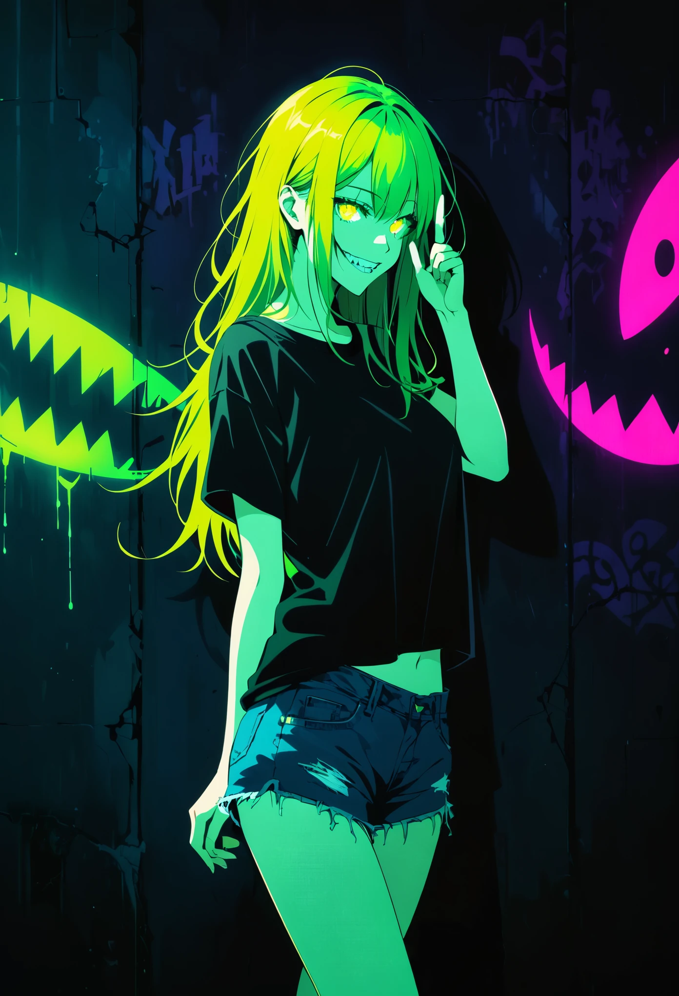(Portrait of a mysterious giant eye),indoor,Fluorescent illumination,(((Darkness shrouded))),Wall background,black background,silhouette,shadow,extreme darknesinimalist graffiti style background,Fluorescent green eye graffiti,Dark atmosphere,cowboy shot,1girl,Oversized black T-shirt,Medium Breast,Waistless T-shirt,(underboob),blurred background,Blurred foreground,Green fluorescent hair,Fluorescent green eyes,Hand raised and touching hair,long hair,Messy hair,Low rise denim shorts,Over-the-knee boots,pink eye shadow,Ruined eyeshadow,Grin,Open your mouth,Devil smiley,middle finger,Shark Teeth,