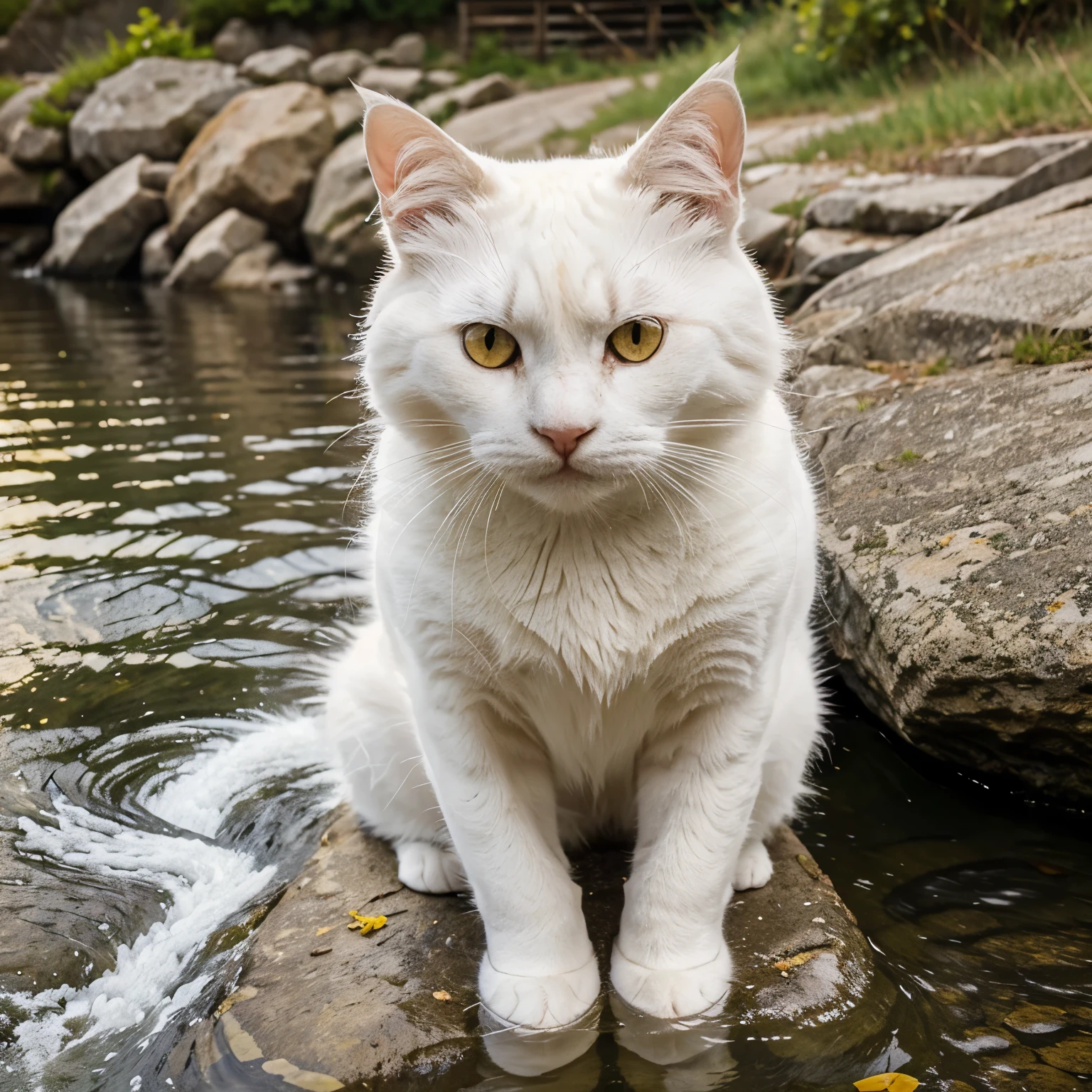 image of a white cat with bright yellow eyes and golden whiskers sitting next to a river and being angry