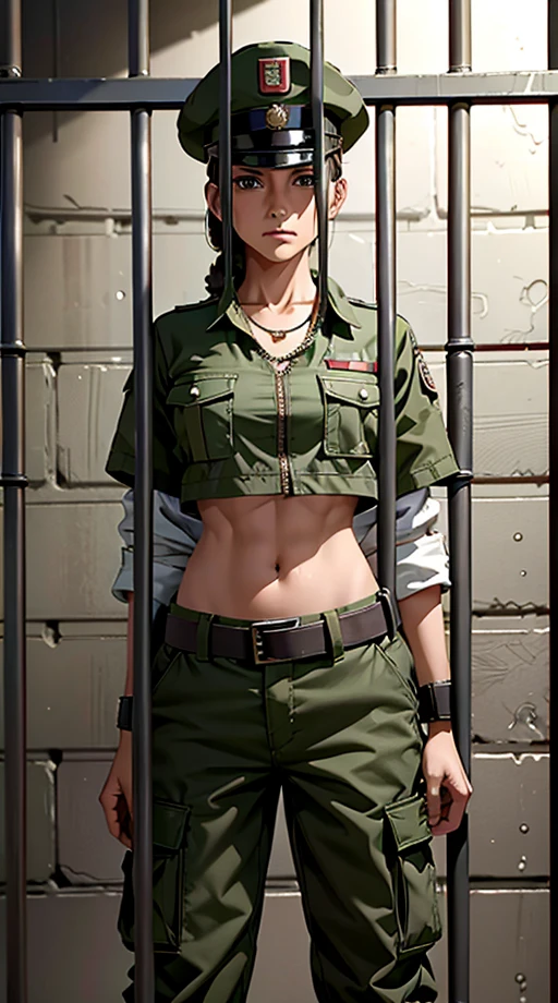 
Women in crop top soldier uniform, soldier hat, medal on the chest,  exposed abdomen area, very low waist cargo pants, navel, 45 years-old, high ranking , standing, color , hight quality, 4k, in cell, in prison, behind prison bar,
