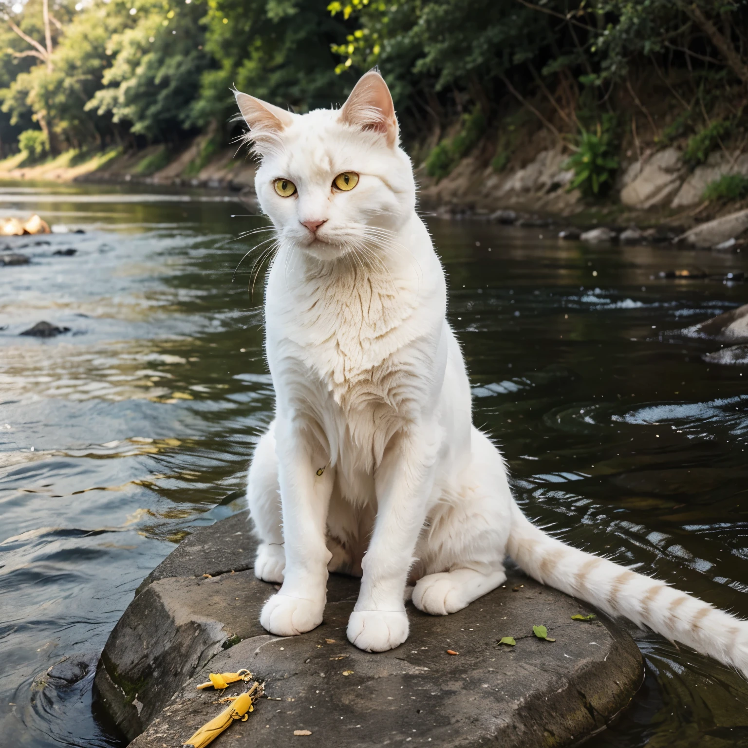 image of a white cat with bright yellow eyes and golden whiskers sitting next to a river and being angry