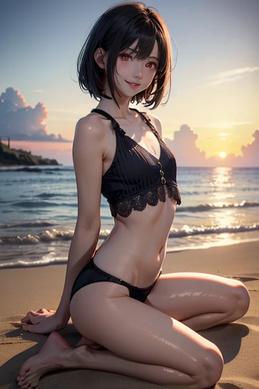 masterpiece, best quality, ultra detailed, highres, extremely detailed CG unity 8k wallpaper, perfect lighting,  very detailed background, Outdoor、beautiful and aesthetic,sharp focus, perfect face, Perfect hands、Perfect Fingers、Perfect toes、Five fingers、
1lady、 smiling、
short black hair, large red eyes、delicate oval face、(flat chest:1.9)、Underlim figure、underboob、
Purple triangle bikini、Seaside、(Sandy Beach:1.3)、Sunset、Sunset、
thin thong、barefoot、Sitting、View your viewers、
Ambient light、Volumetric Light、shoot from side、(Glowing Skin:1.7)、