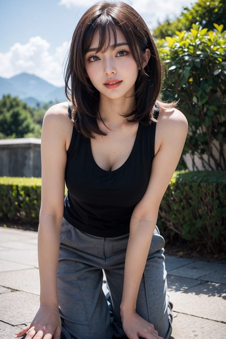 Top-quality Realistic,Official art,Highly detailed CG Unity 8k wallpaper,ultra-detailliert,hight resolution,Physically-based rendering,Magnificat,finely detail,masterpiece,Best Quality,ultra detailed,Mature beauty,Beautiful women,1girl,moist lips,sexy lips,Sexy smile,Gentle smile, 20 years old, Beautiful bare skin,Smooth bare skin, big well-shaped breasts, beautiful cleavage,beautiful Mature body,swept bangs,(Medium hair:1.3), beautiful detailed eyes,model shoot style,Japanese Idol,Half-body,((in Trang An Landscape Complex)),BREAK, ((black tank top)),(green culotte pants),Standing model pose,Delicately expressed eyes,cute smile,standing position,A gentle smile like a goddess,(begging for a kiss:1.3),(leaning forward:1.3), (hands on knees:1.3),((Extreme close-up)),