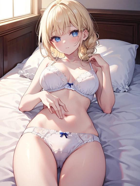 masterpiece, highest quality, Very detailed, 16k, Ultra-high resolution、One 14-year-old girl, Detailed face、Perfect Fingers, blue eyes, Blonde, Braid, White panties, White bra, Western-style room, futon, Lie on your back