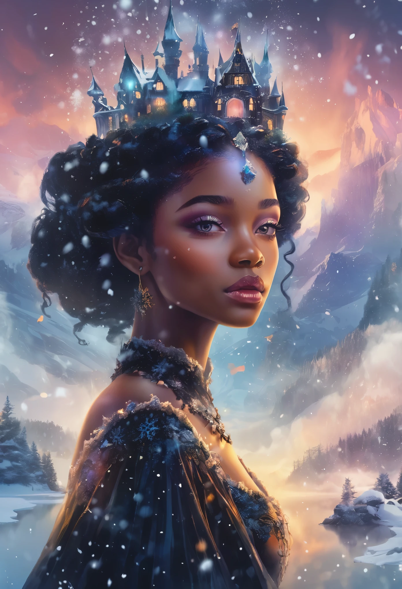 The face of the black  princess appears in the air，(multiple exposure:1.8),winter landscape，Surreal wonderland，Dreamy cloud and mist floating fairy island，(Big snowflakes:1.3)，Colorful big snowflakes are flying，The black princess&#39;s palace is covered with snow，The tree of life blooms with endless vitality，Twinkling stars in the night sky，Overlapping clouds and fog，Whimsical fantasy landscape art, Beautiful art Ultra HD 8k, 8K highly detailed digital art, beautiful detailed fantasy, epic dreamlike fantasy landscape, Mysterious and fantastic scenery, Magic fantasy is very detailed, magical scenery, Composed of big snowflakes and fantasy floating fairy islands, detailed fantasy digital art, 32K detailed digital art