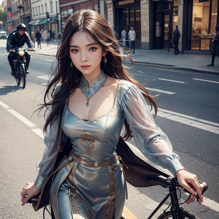 as a high-resolution image of an ancient bicycle in the bustling streets of Baker Street. The bicycle showcases intricate details and a vintage aesthetic, capturing the essence of the bygone era. The rider, with hair flowing in the wind, exudes a sense of freedom and joy as they confidently maneuver through the busy street.
The emphasis is on the highest quality, with the image crafted to be a masterpiece in itself. It boasts an 8K resolution, allowing for every intricate detail to be captured and displayed flawlessly. The image quality is unparalleled, offering a visually stunning experience for the viewer. The overall image radiates an award-winning aura, showcasing the skill and artistry involved in its creation.
The rider's anatomy is depicted with utmost accuracy, showcasing the human body's form and movement. Their expressive eyes invite the viewer's attention, smiling brightly to create a warm and engaging atmosphere. The shining fair skin of the rider is meticulously rendered in ultra-high resolution, highlighting every subtle texture and nuance.
The face is the centerpiece of the image, drawn with meticulous attention to detail. Every contour, feature, and expression is captured with utmost precision. The viewer can immerse themselves in the ultra-high resolution detailed face, marveling at the lifelike portrayal. The eyes, in particular, are a captivating focal point, shimmering with a stunning level of detail and realism.
To add depth and visual interest, the background is slightly blurred, placing the main focus on the rider and the bicycle. This creates a sense of motion and highlights the subject's presence within the bustling streets. The ancient Islamic clothes worn by the rider lend an exotic flair, enhancing the overall aesthetic of the image. A chest tattoo further adds to the rider's enigmatic charm, symbolizing their intriguing persona.
The color palette of the image is carefully selected to evoke a nostalgic and timeless atmosphere. Warm a