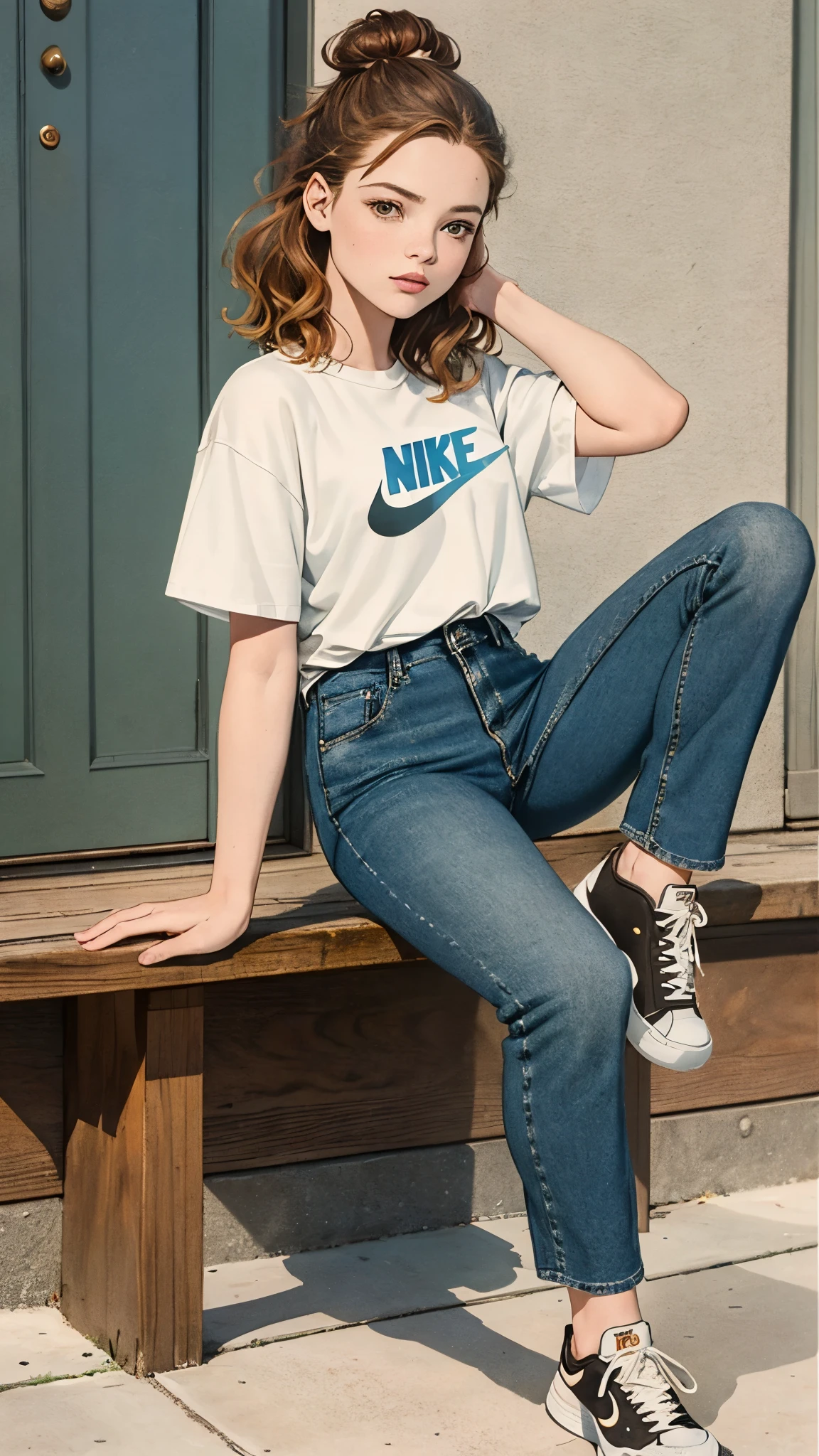 A beautiful young woman, combination of Erin Moriarty, joey king, sydney sweeney, full body portrait, line art, high-quality ink drawing, ultra-detailed, realistic shading, vibrant colors, elegant posture, hanging out, vivid colors, flat image, top knot, chestnut brown hair, jeans tsnk top and nike shoes