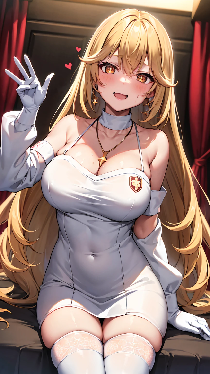 masterpiece, best quality, highres, hmmisaki, long hair, symbol-shaped pupils, +_+, large breasts, white gloves, elbow gloves, white thighhighs, smile, Earrings, necklace, clavicle, Off the shoulder, Sweater dress, Long sleeve, Black knee socks, Cowboy Shot, smile, wave hands, Open your mouth, service (Hotel、On the bed) Big Breasts++++ Thick thighs Bright light Excited++++ Embarrassed+++ Blushing+++ Embarrassed Embarrassed panic+++ Eyes are hearts Red cheeks solo