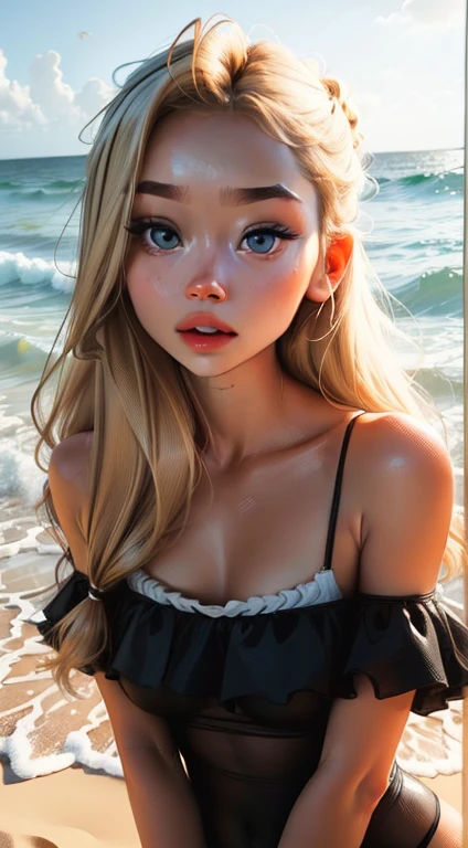 a photo realistic of young sexy dwarf girl with blond hair, red eyes, small breast,  detailed, symmetric realistic face, natural skin texture, wet, topless, beach background high quality, highres, sharp focus, extremely detailed, cinematic lighting, 8k uhd