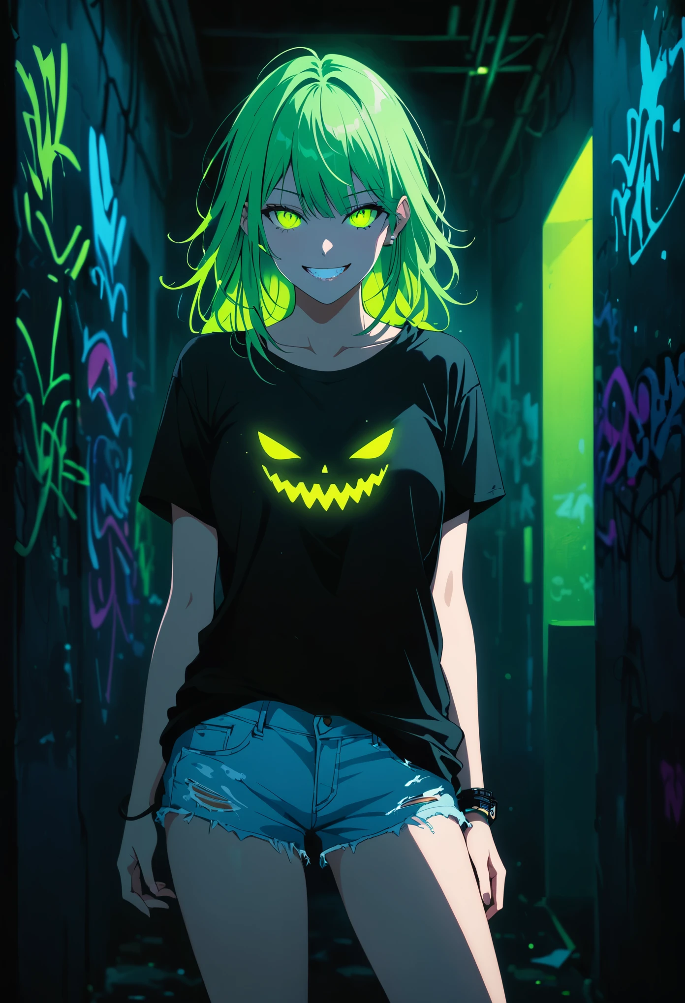 (Portrait of a mysterious giant eye),indoor,Fluorescent illumination,(((Darkness shrouded))),Wall background,black background,silhouette,shadow,extreme darknesinimalist graffiti style background,Fluorescent green eye graffiti,Dark atmosphere,cowboy shot,1girl,Oversized black T-shirt,Medium Breast,Waistless T-shirt,(underboob),blurred background,Blurred foreground,Green fluorescent hair,Fluorescent green eyes,Hand raised and touching hair,long hair,Messy hair,Low rise denim shorts,Over-the-knee boots,pink eye shadow,Ruined eyeshadow,Grin,Open your mouth,Devil smiley,middle finger,Shark Teeth,