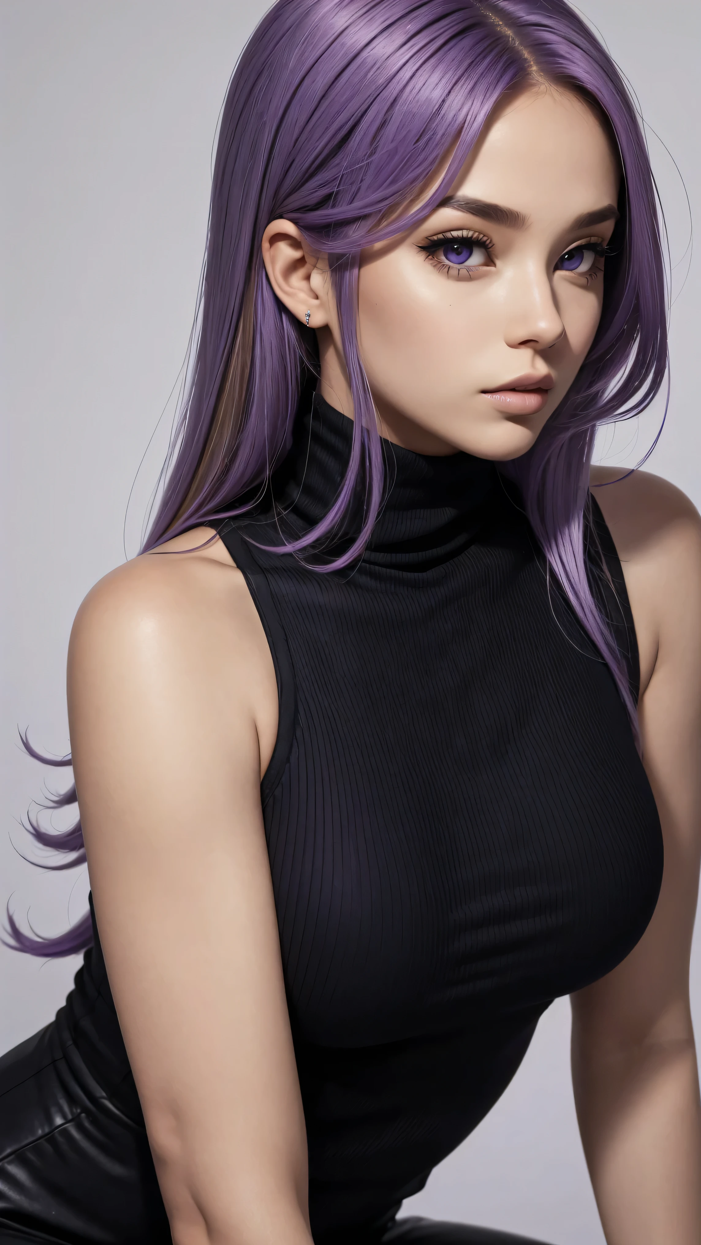 1 babe, sexy, purple hair, blonde hair, black dress, parted lips, turtleneck, sleeveless