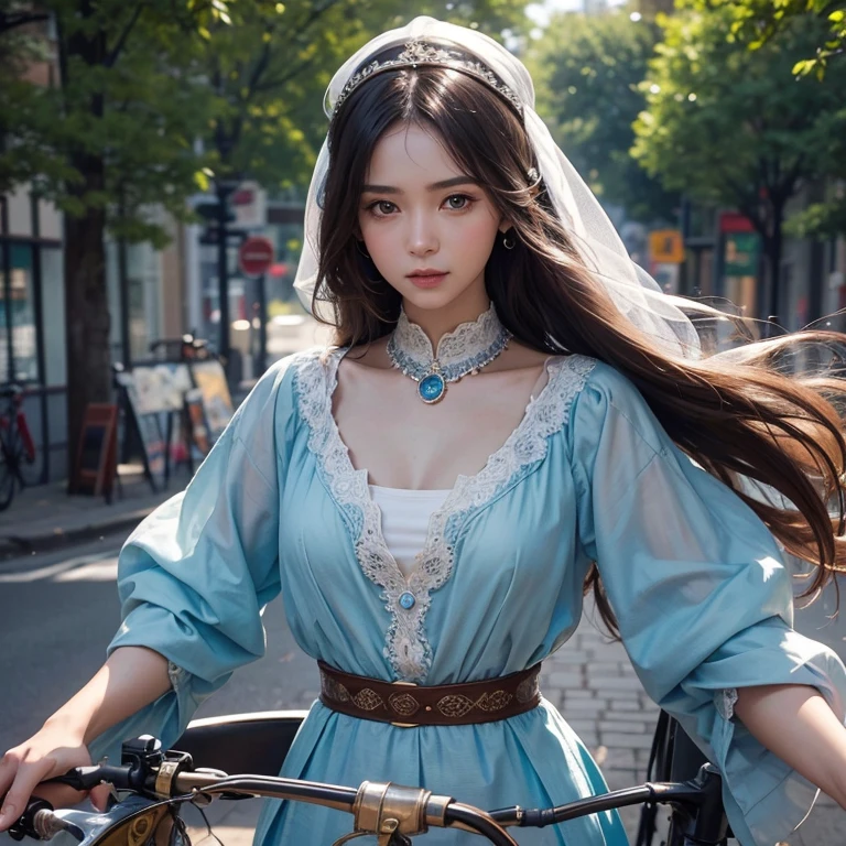 Please ride an antique bicycle in Baker Street, with your hair flowing in the wind. The scene should be of the highest quality, an absolute masterpiece in 8k resolution, providing the best image quality available. The focus should be on (the) accurate anatomy with the attention specifically drawn to (the) face, which should have a shining fair skin tone. The face should be the most detailed part of the image, showcasing every intricate feature. Don't forget to emphasize the ultra high resolution of the detailed face and the eyes, which should shine with utmost detail. The background should be blurred, further highlighting the main subject. The character should be dressed in ancient Islamic clothes, with the chest slightly forward, showcasing a tattoo.