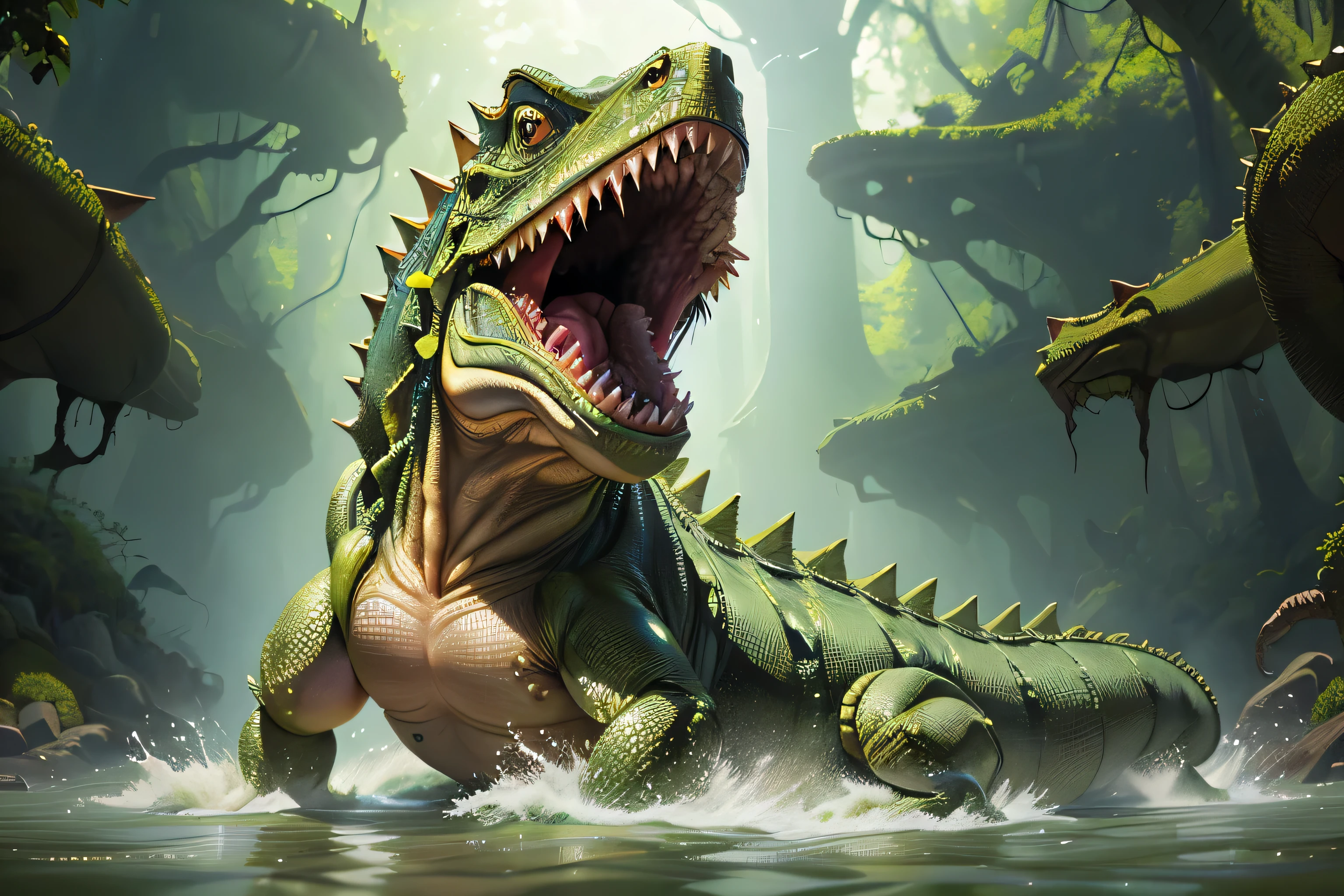 highest quality, masterpiece, Ultra-high resolution, (Realistic:1.4),
Green Slime AI, Beast, monster, ((Reptiles:1.2)), Big Mouth, Big body, Open, Too many teeth, Vibrant, ((One animal:1.5)), In the water, Fantasy creatures