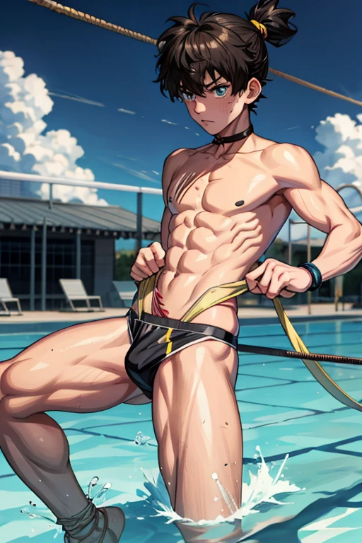 Tied up torture anime fight youth Swimwear back male Yellow muscle Thin Thin legs Embarrassed