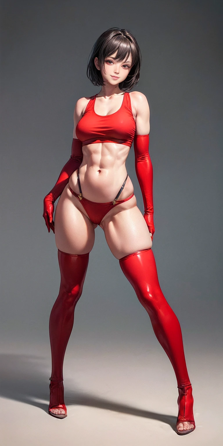 (plain background, 8k, best quality, masterpiece, realistic, photo-realistic:1.37) (full body height standing straight symmetrical contrapposto) (looking at viewer) 2legs apart (wide stance) ultra detailed, 1solo cute girl (beautiful detailed eyes) (smile:1.2) (closed mouth) view from below depth of field, good composition, bob hair, perfect knockers, suspenders, toned body, athletic, wide hips, thin waist, toned arms, exposed abdomen, abs toned, navel, big belly button belt ((red cheeks, red eyes, red tank top, red thong, red gloves gauntlets, red stockings thighs)) (Rei Kishimoto)